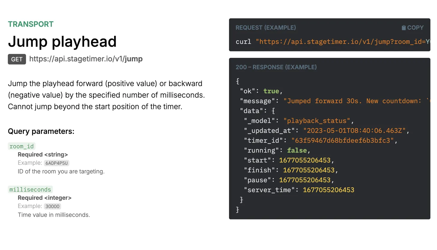 API documentation showing the jump endpoint with example request and response