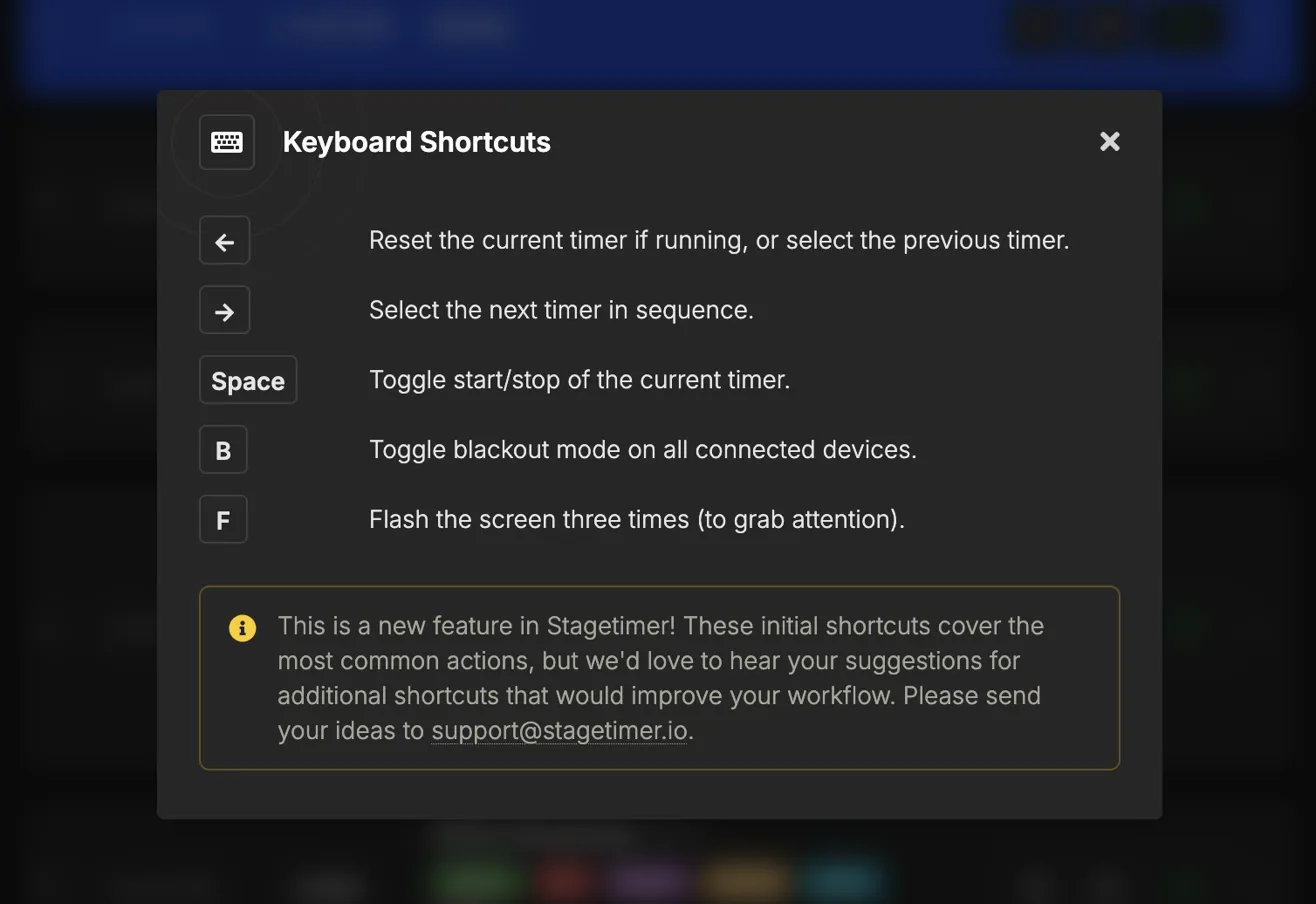 Keyboard shortcuts dialog showing available hotkeys