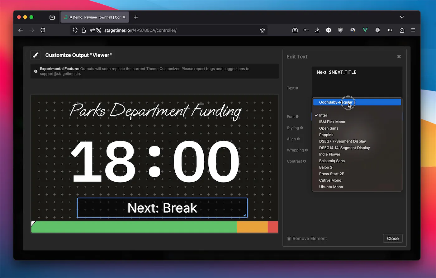Manage Fonts modal showing uploaded custom font OoohBaby-Regular
