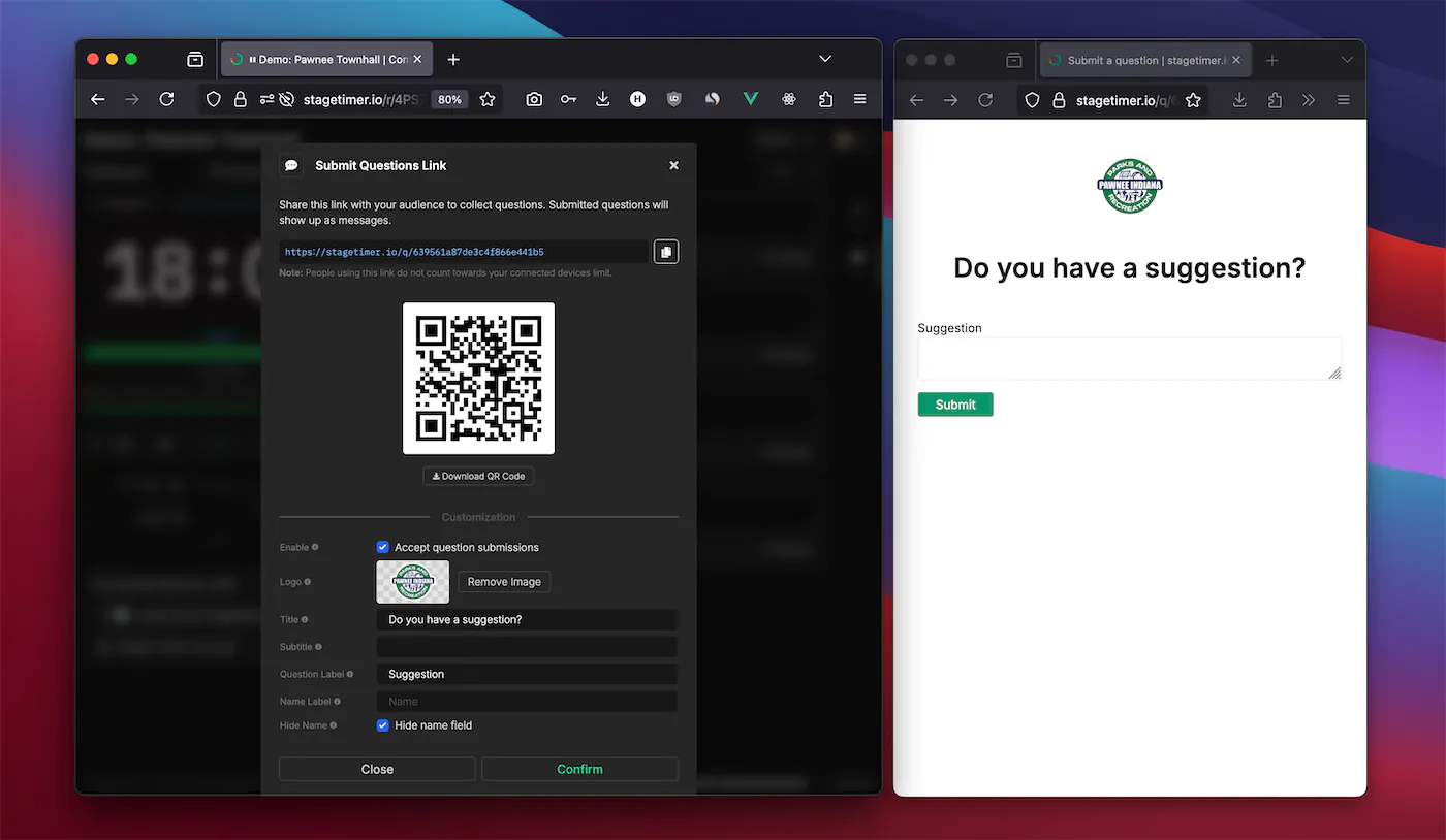 Submit Questions Link modal showing customization options and the resulting customized submission page