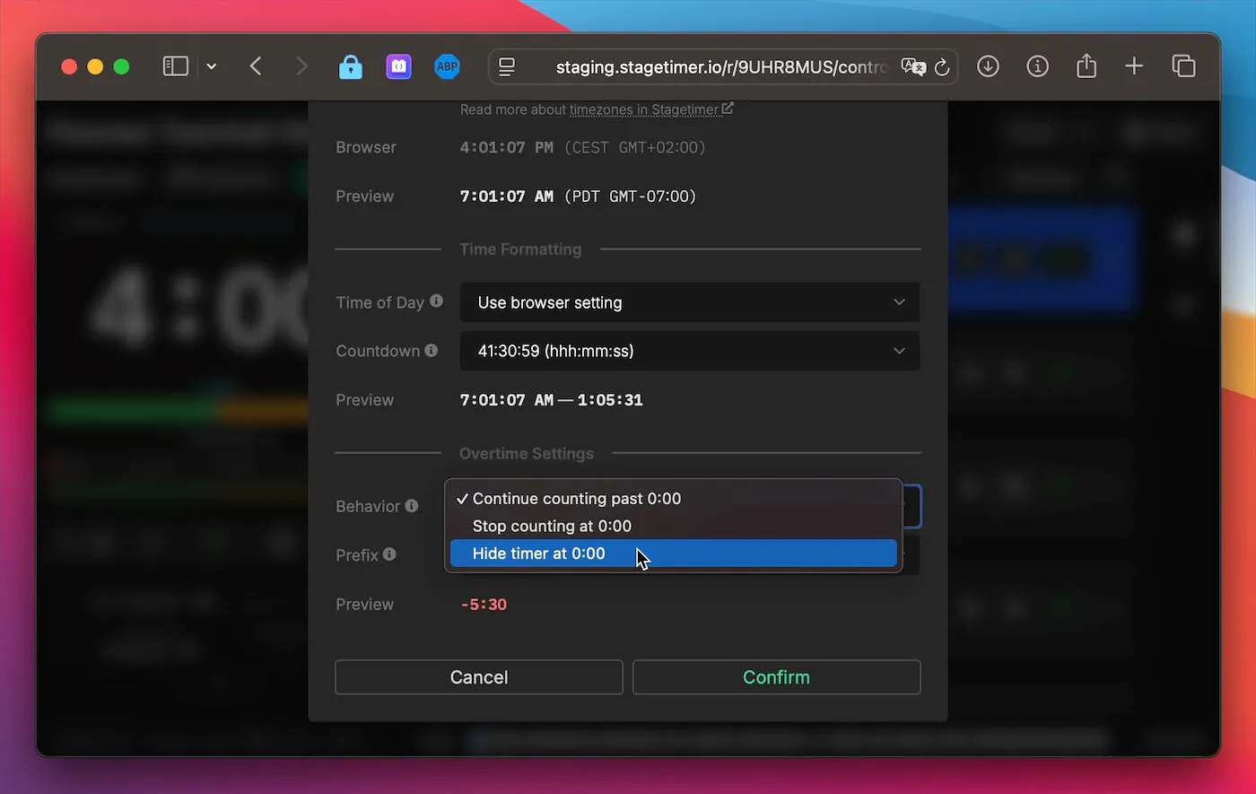 Timer settings showing the new Hide timer at 0:00 option