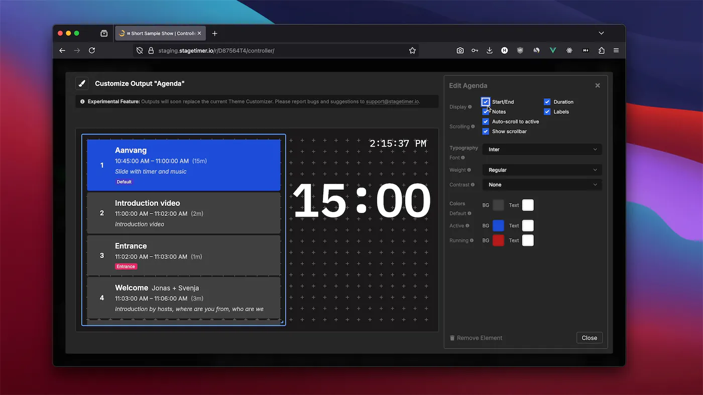 Agenda element showing event rundown with timer details
