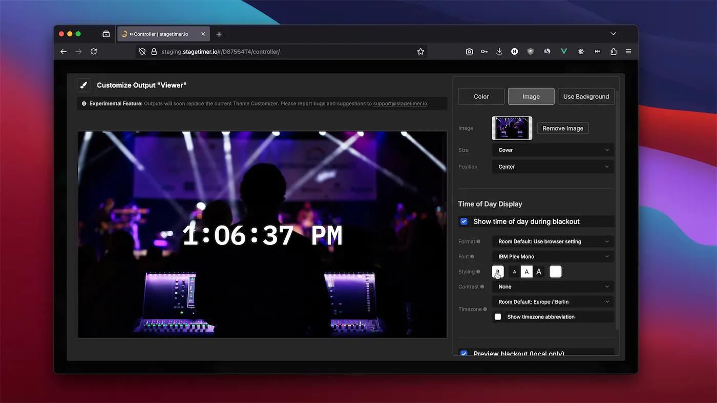 Blackout settings showing color, image, and clock options
