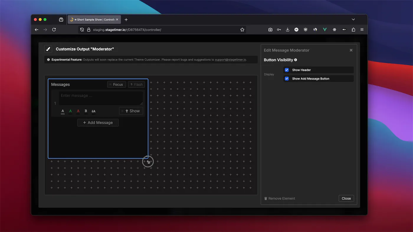 Moderator element showing message management interface