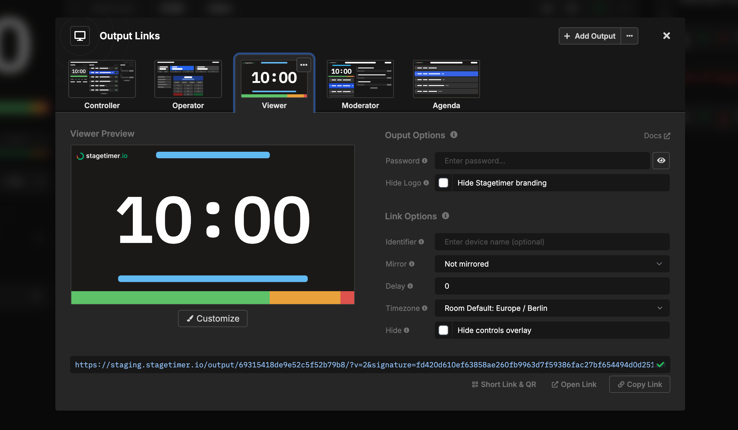 Output Links button and preview in the controller