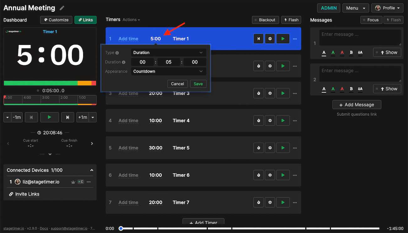 Setting up timer duration on the controller page