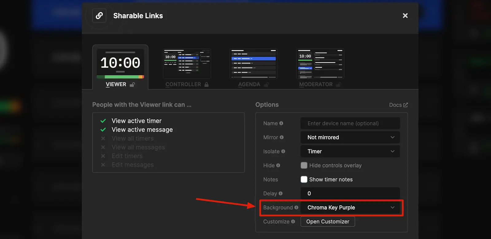 Stagetimer Output Links panel with chroma key options