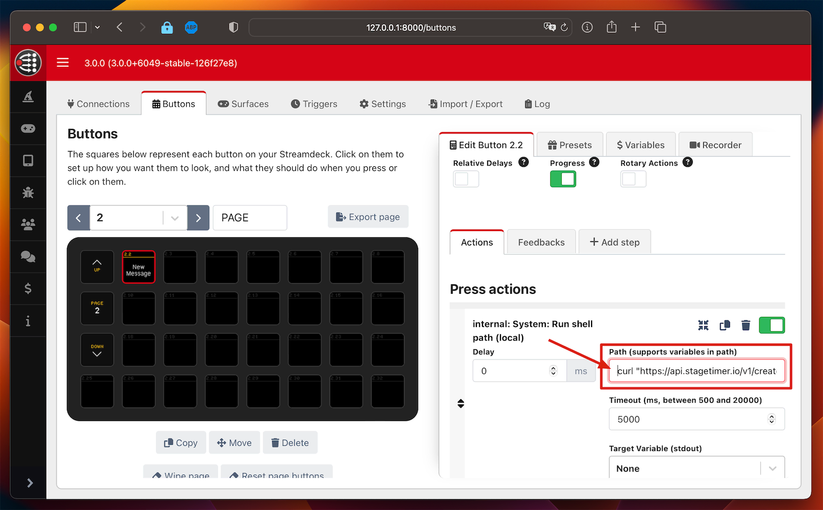 Screenshot showing how to paste the curl command into the "Path" field