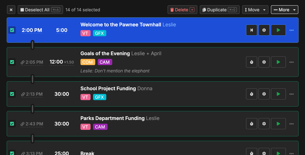 Select mode toolbar showing bulk action buttons with multiple timers selected