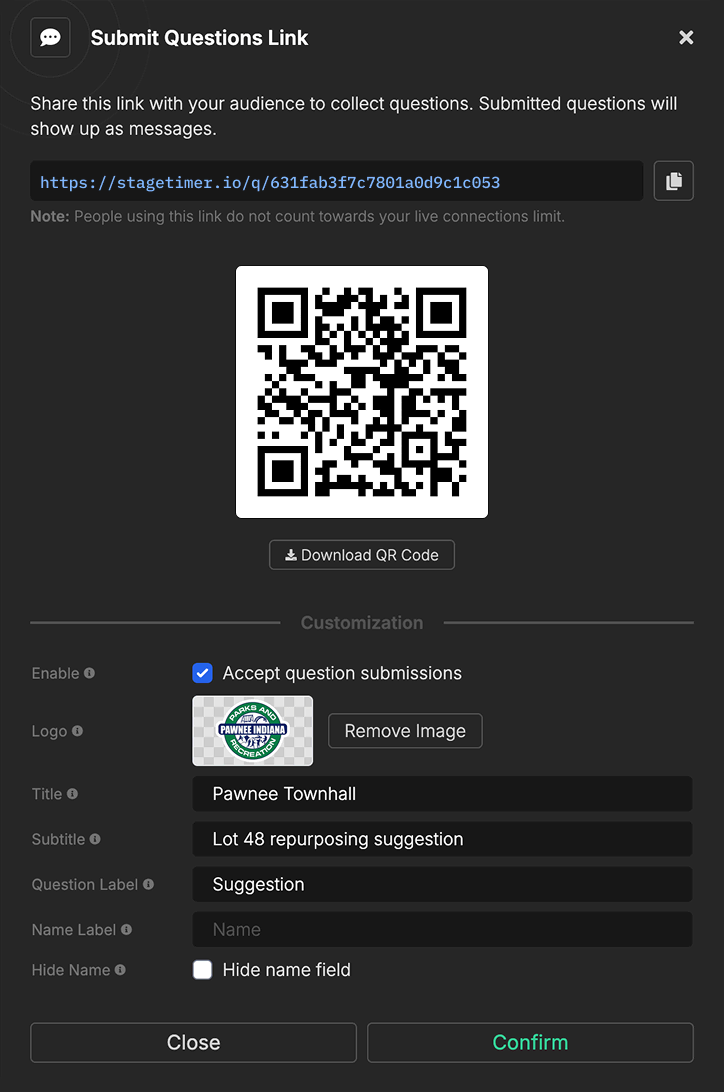 Submit Questions modal
