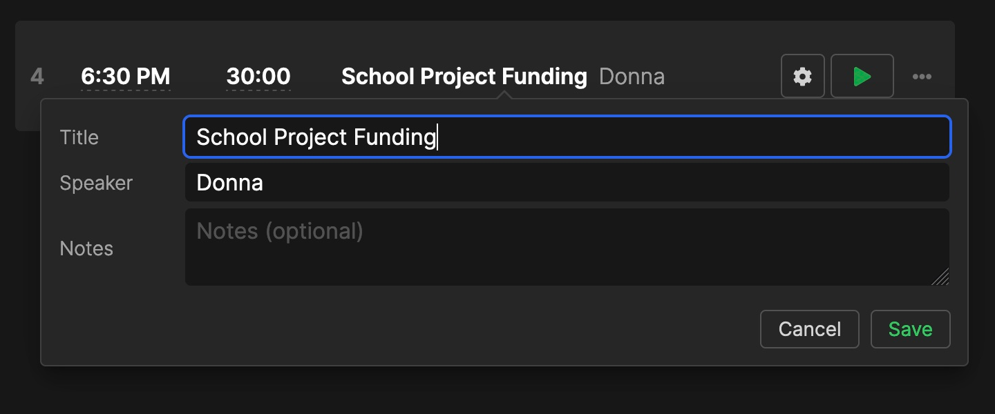 Title, speaker and notes