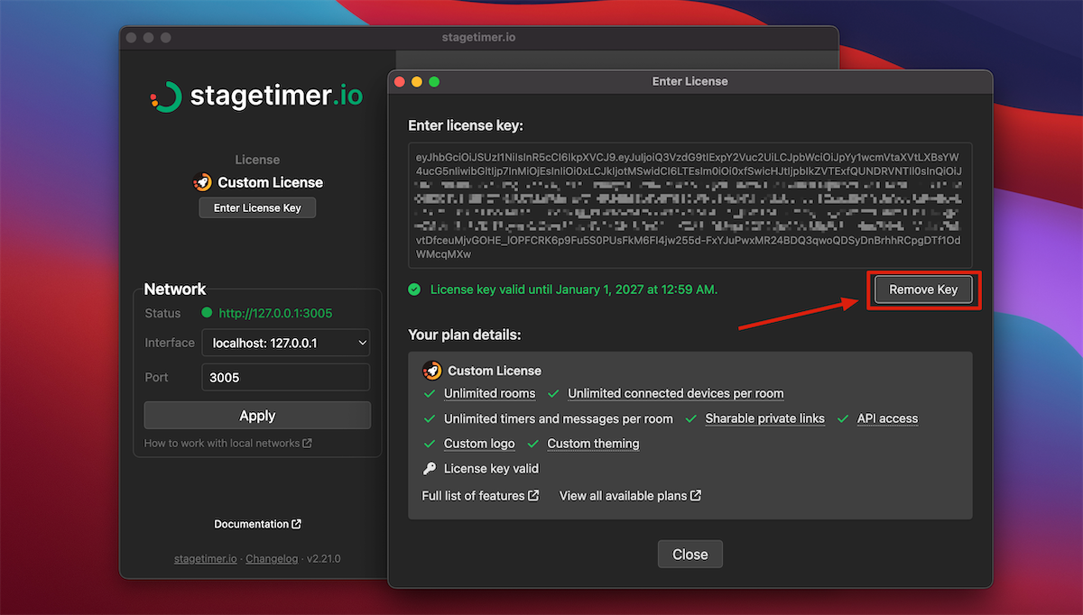License key window showing Remove Key button
