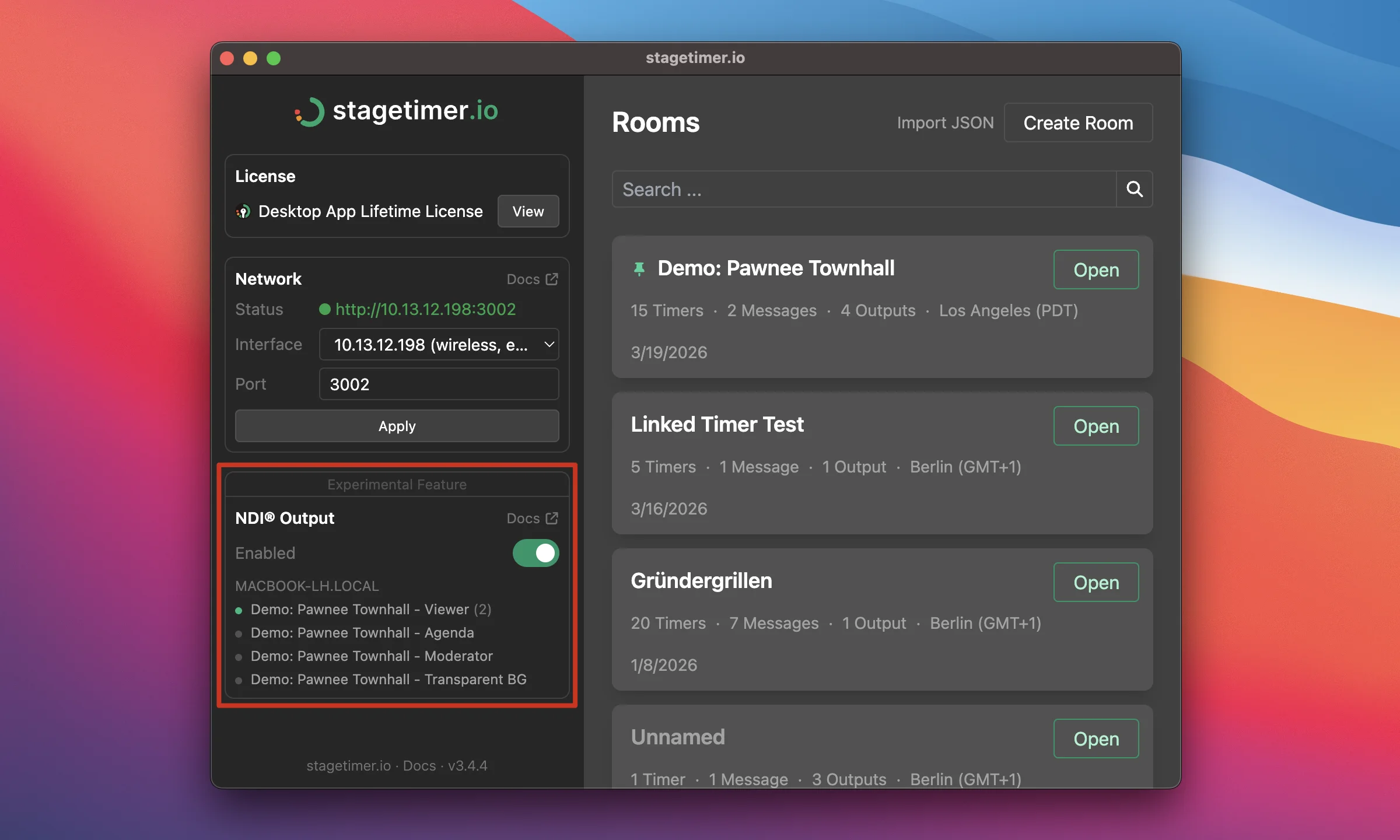 NDI Output section in the desktop app main view, showing the enable toggle and a list of advertised NDI sources