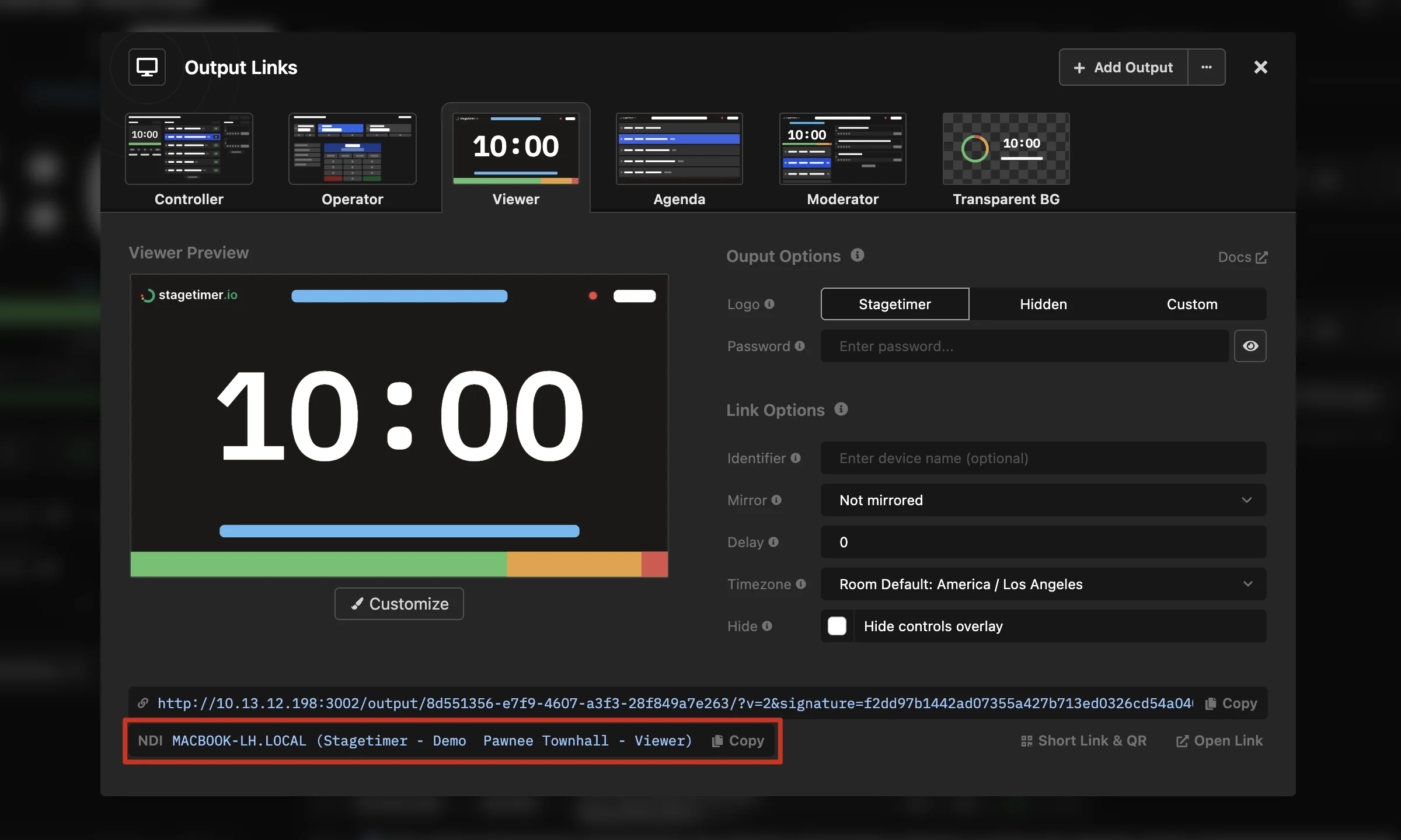 Output Links popup showing the NDI source name with a copy button at the bottom