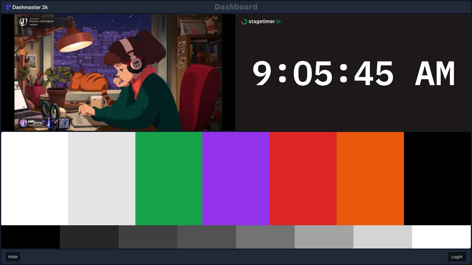 Dashmaster 2k dashboard with Stagetimer module, YouTube stream, and SMPTE color bars