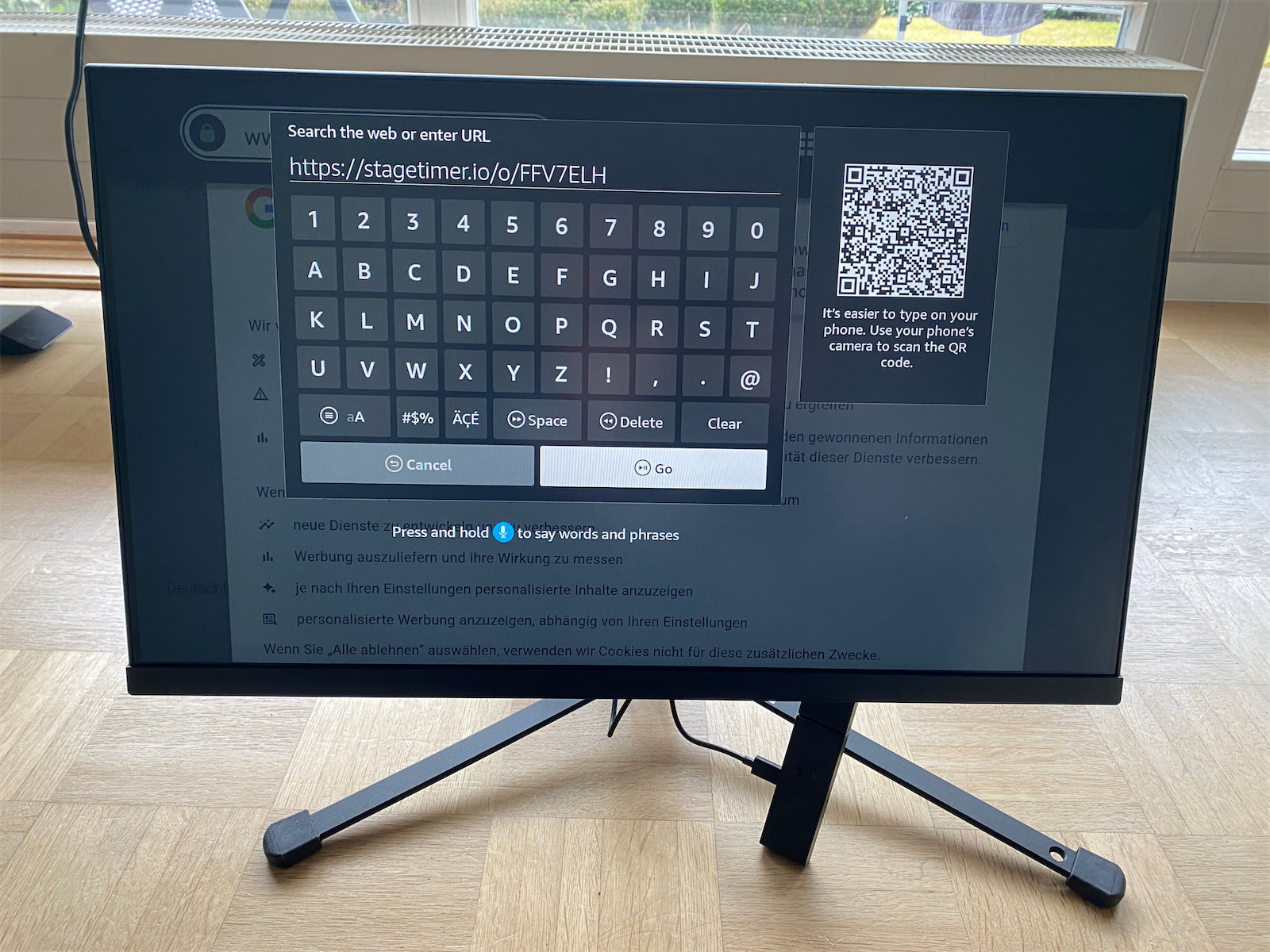 Silk Browser with Stagetimer URL in address bar