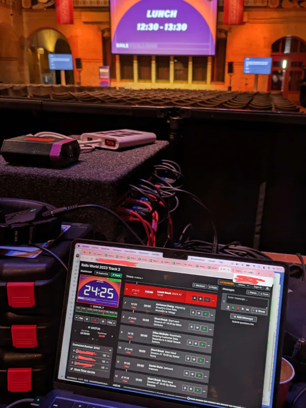 Production control room with multiple monitors and Stagetimer interface showing event schedule during Rails World 2023 tech conference