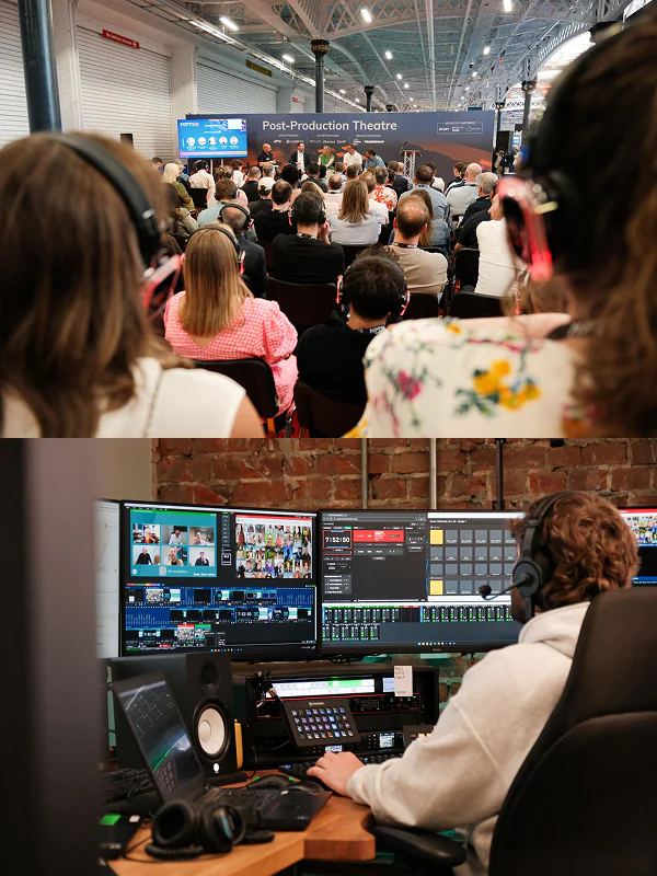 Split view of MPTS trade show audience and production control setup with multi-monitor broadcast equipment and Stagetimer running
