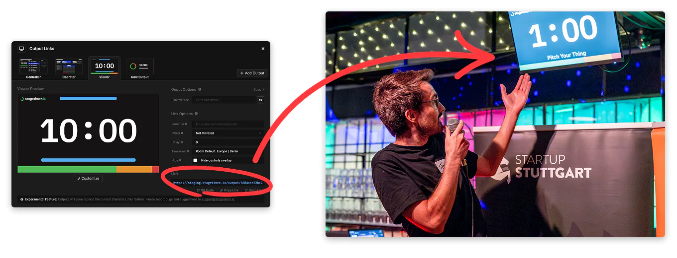 Output Links interface showing multiple output options on the left connected to a live presenter at Startup Stuttgart pitch event with 1:00 timer displayed