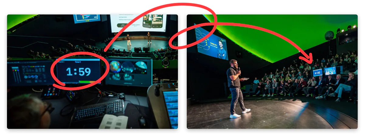 Split-screen photo from AI Founders Demo Day showing production control setup with 1:59 timer on the left connected to live presenter on stage on the right