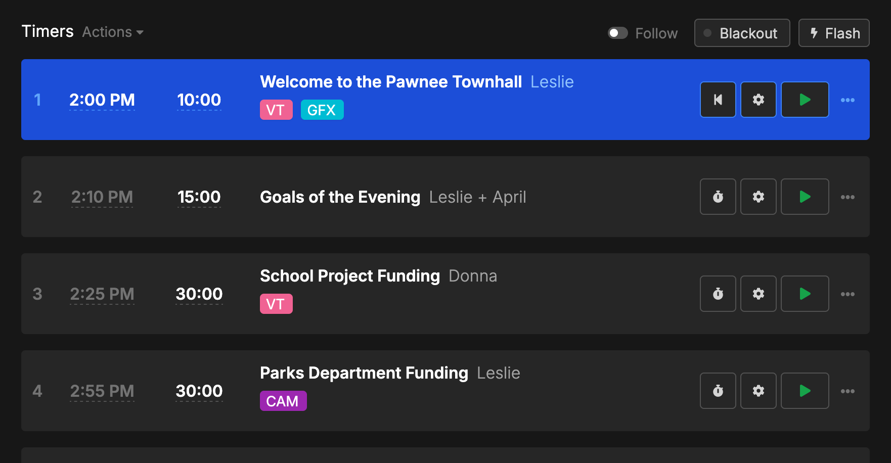 Stagetimer interface showing multiple classroom timers with different subjects and time slots