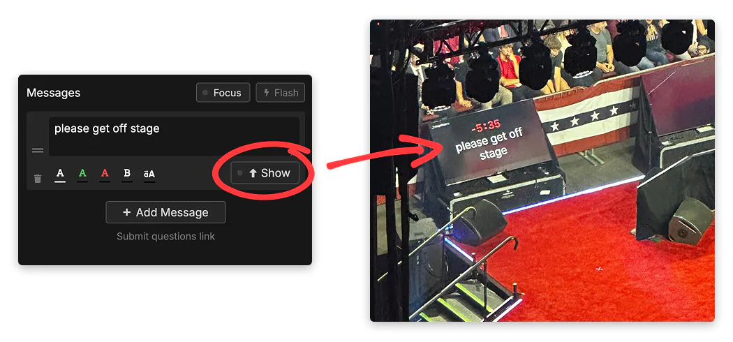 Messages interface showing how to send a message from the controller to the stage display