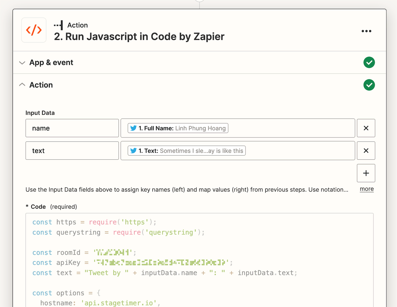 Zapier code action setup