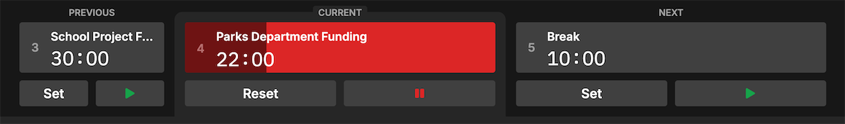 Timer cards showing previous, current, and next timers