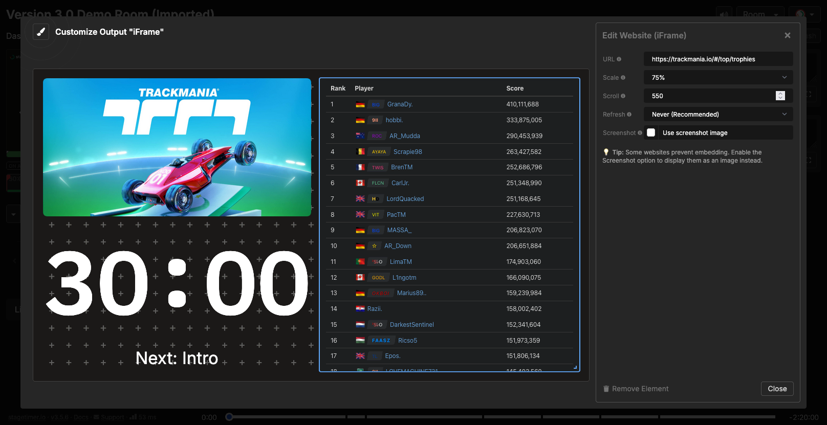 Iframe element with Scale 75% and Scroll 550 px, showing a Trackmania leaderboard with the page header scrolled away