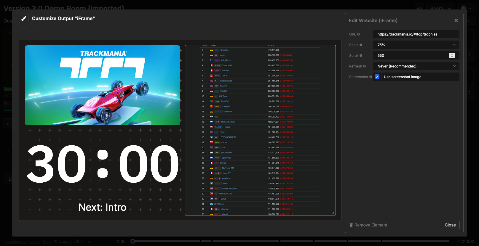 Iframe element with Use screenshot image enabled, showing the same Trackmania leaderboard rendered as a server-side screenshot