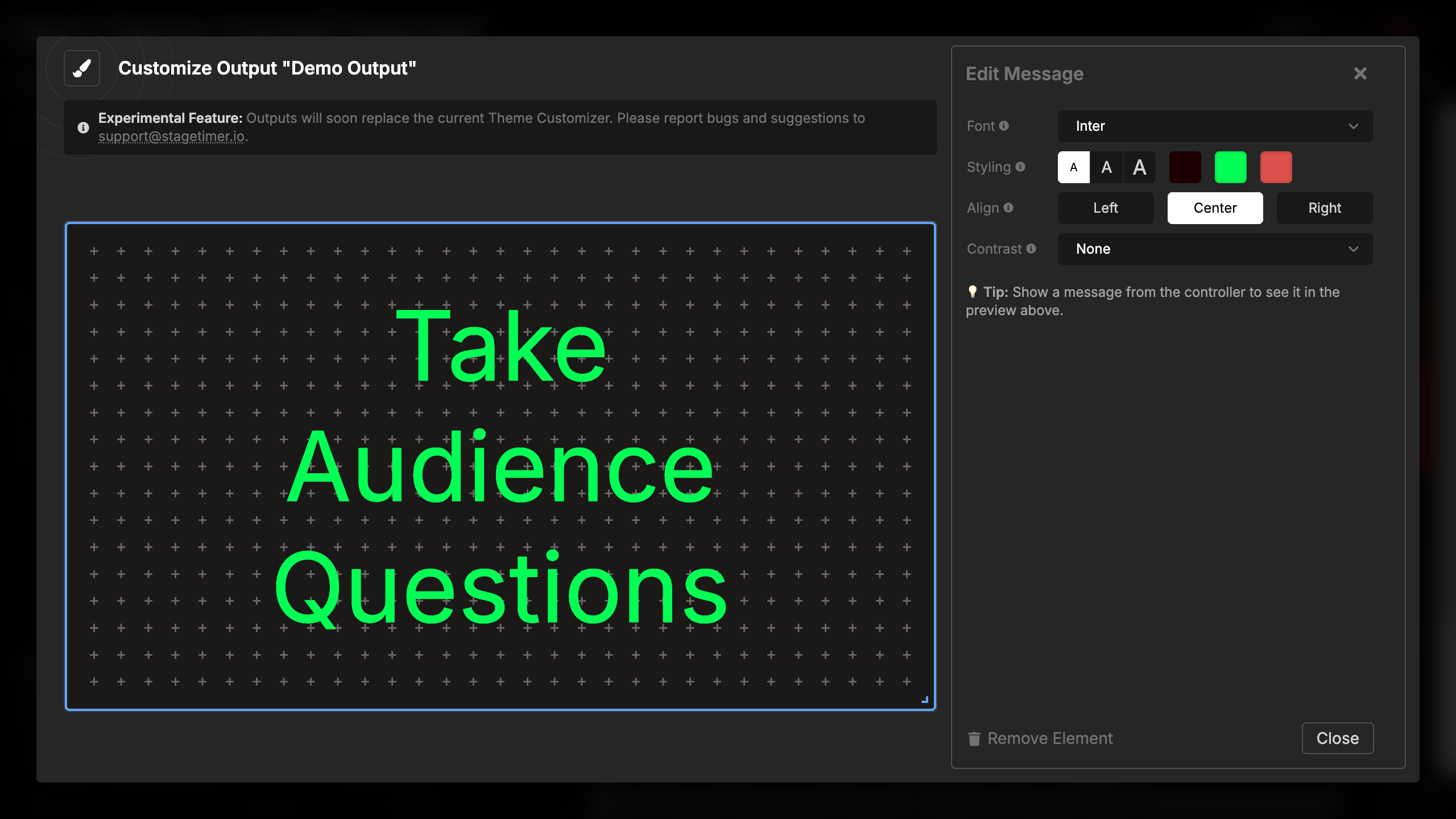 Message displayed in green color