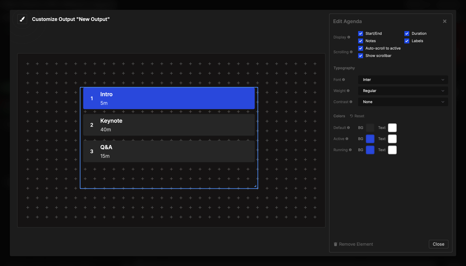 Agenda element displaying complete rundown with active timer highlighted