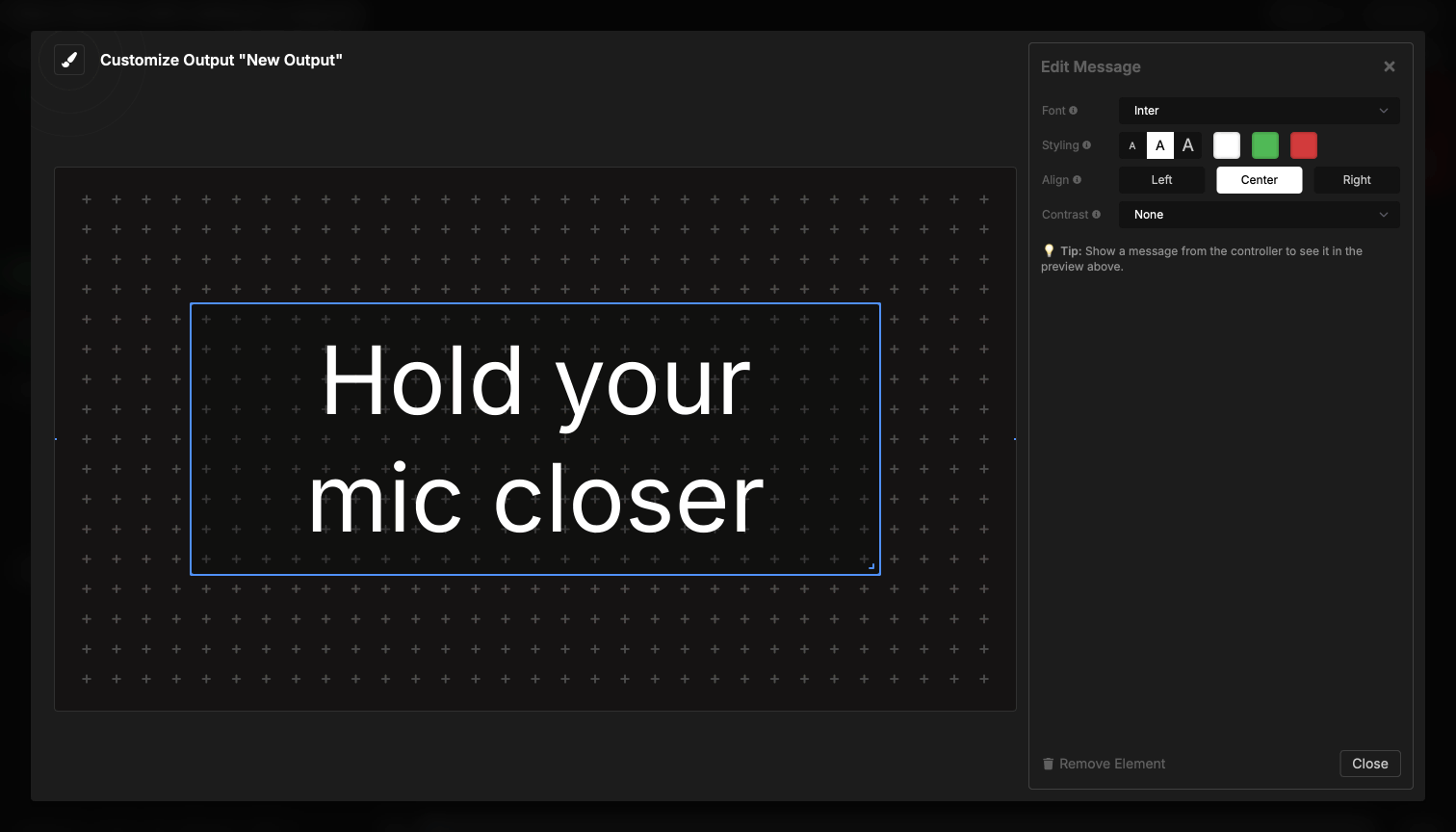 Message element displaying an announcement on screen