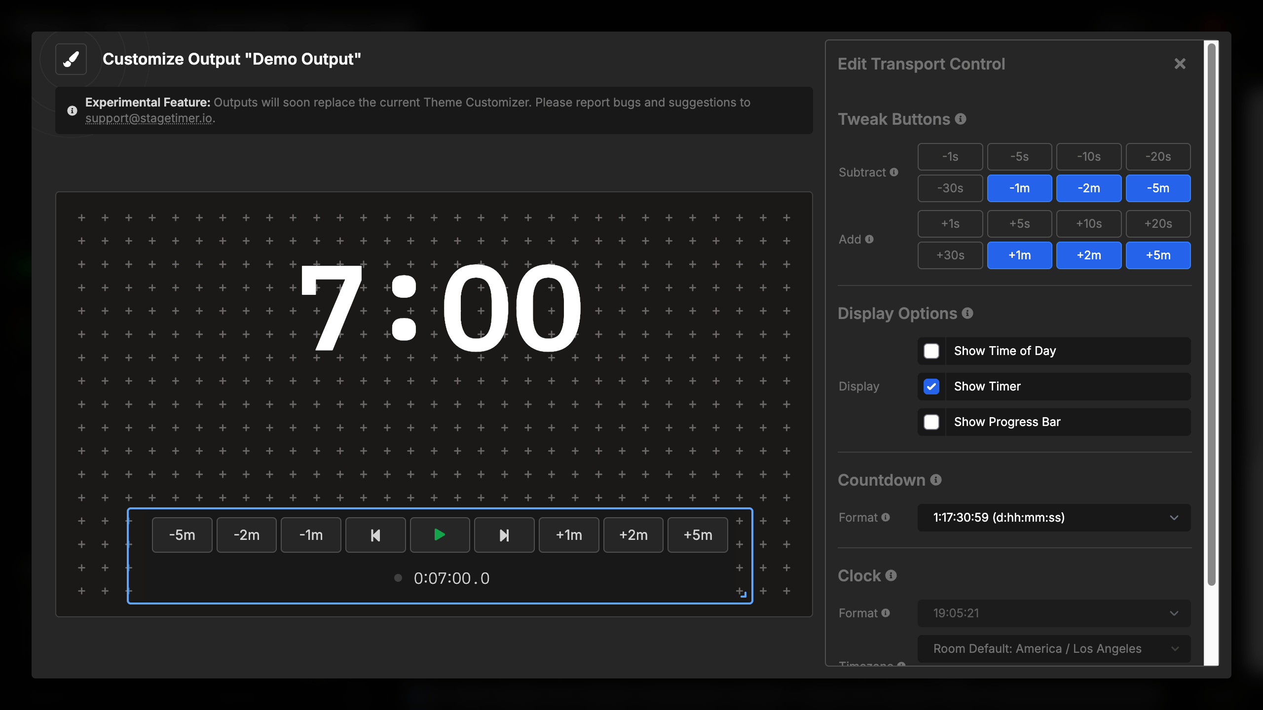 Transport control showing only timer