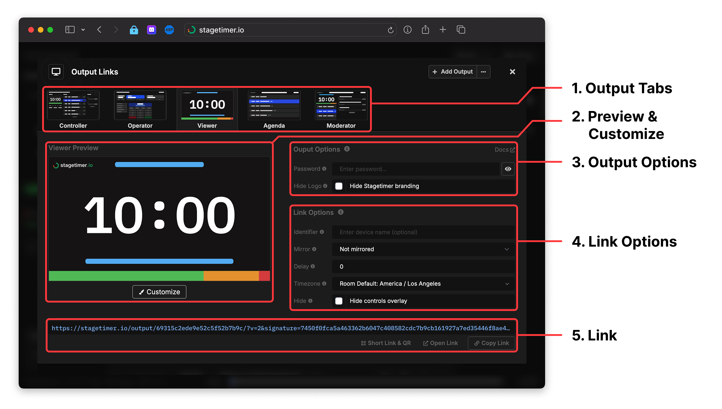 Output Links interface showing different sections