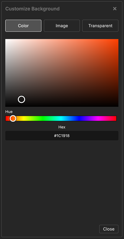 Background settings showing color picker and image upload