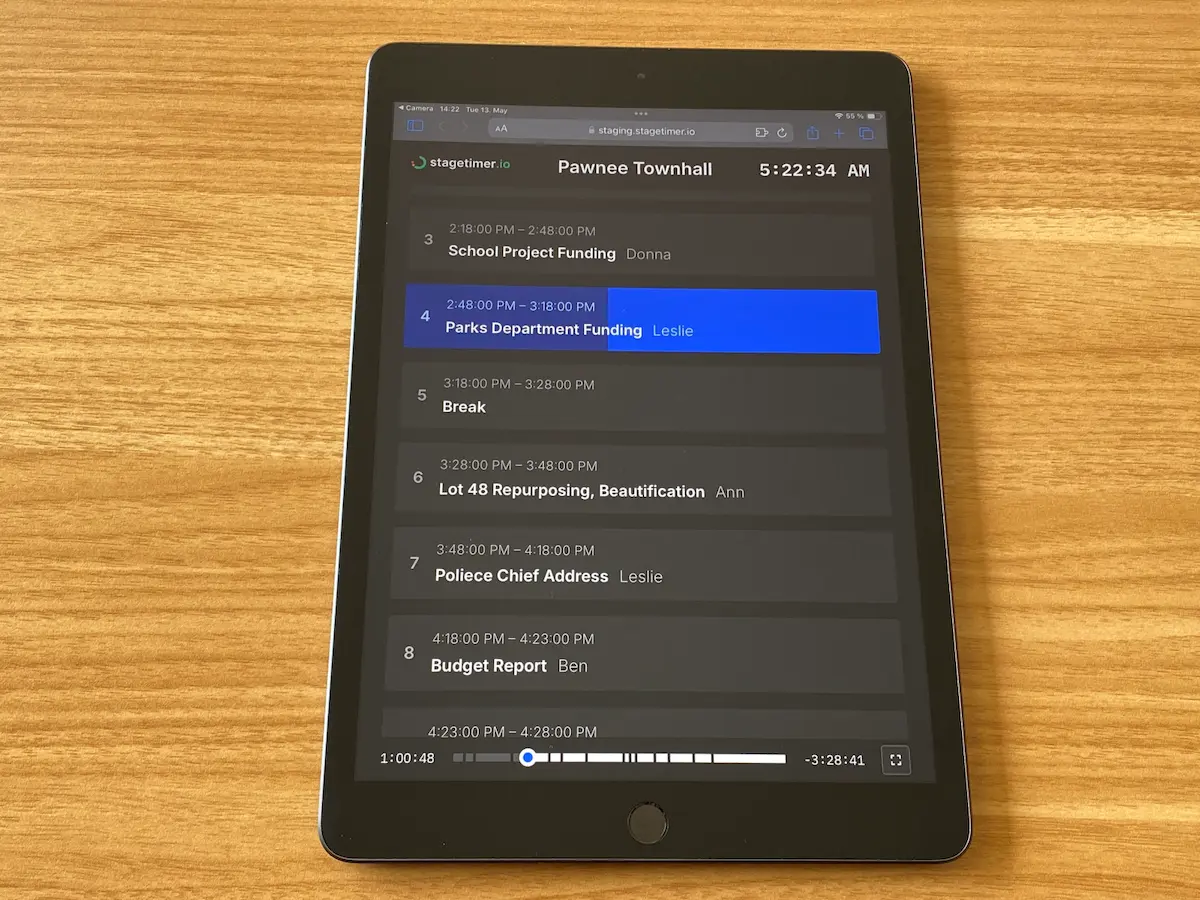 Agenda output showing program schedule with times and speakers