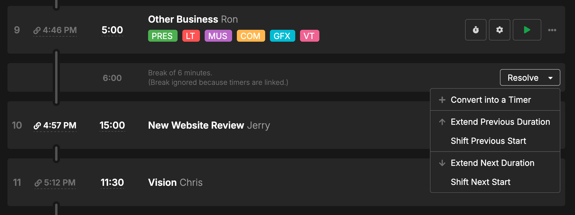 Break between timers showing Resolve dropdown with resolution options