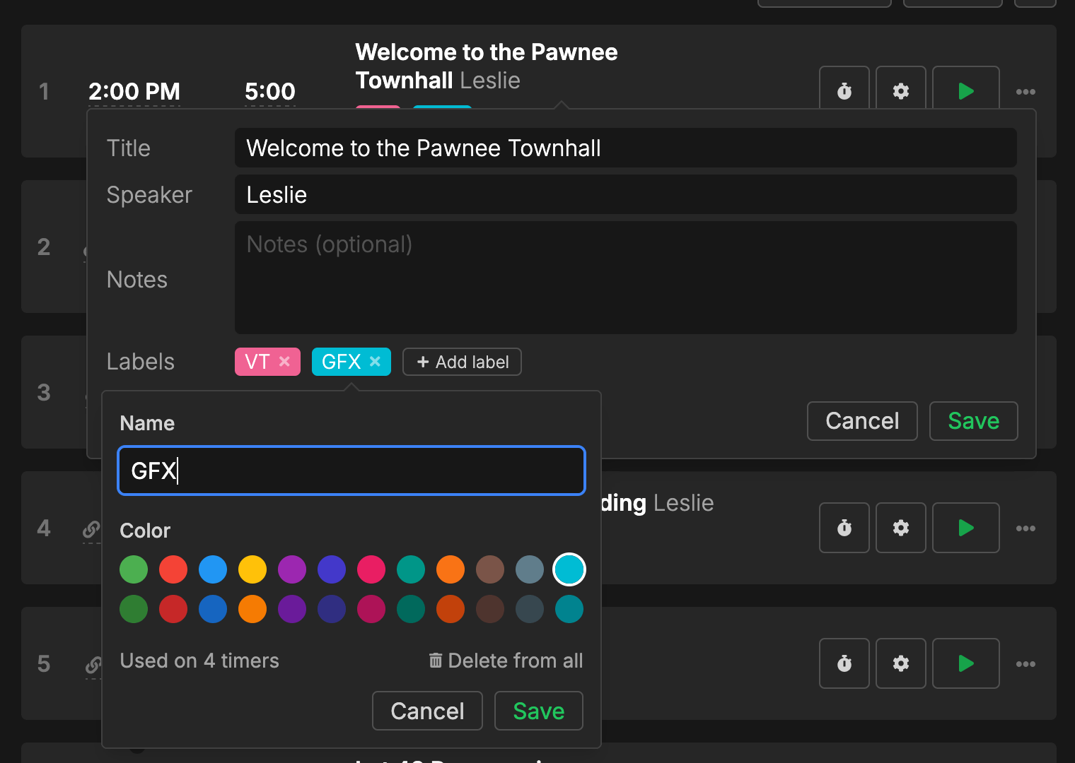Label picker showing existing labels with edit and delete options