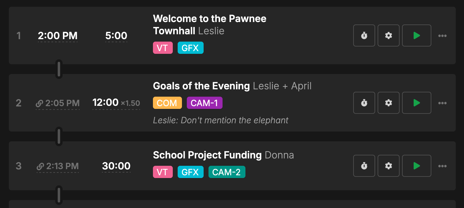 Timer card with colored label tags like VT, GFX, COM