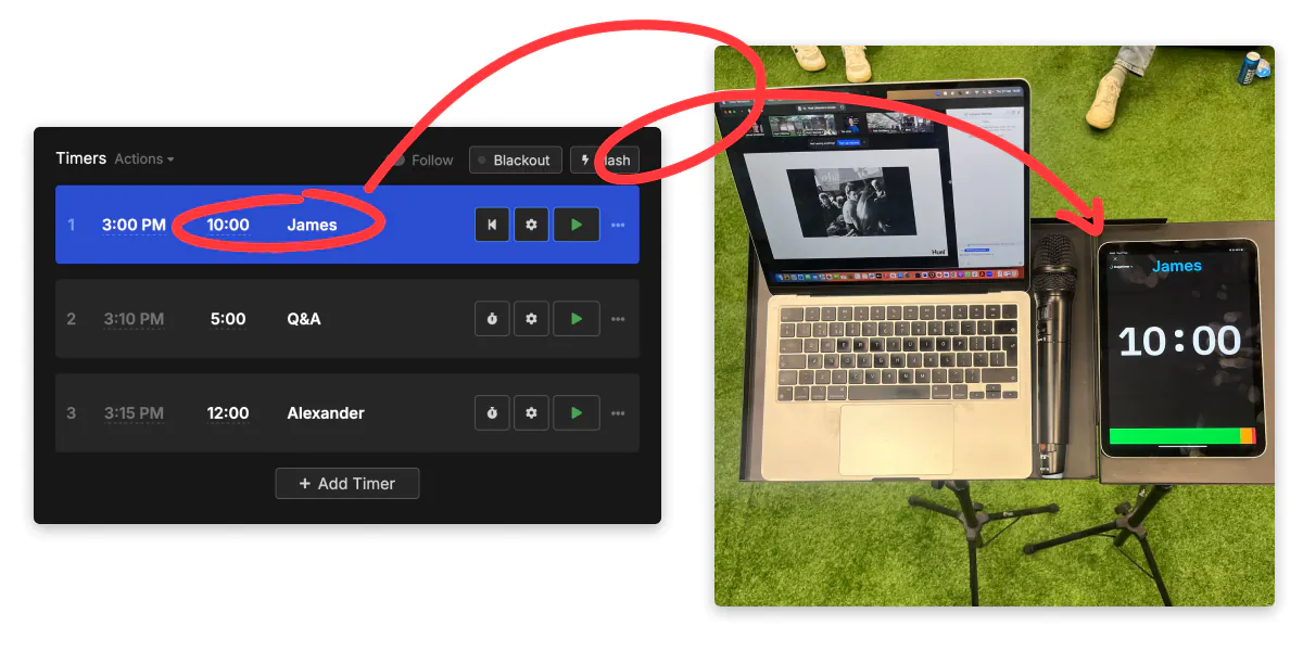 Stagetimer controller interface showing timer controls on laptop with corresponding fullscreen timer display on mobile device for presenter
