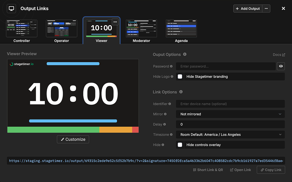 Output Links popup showing Viewer output options