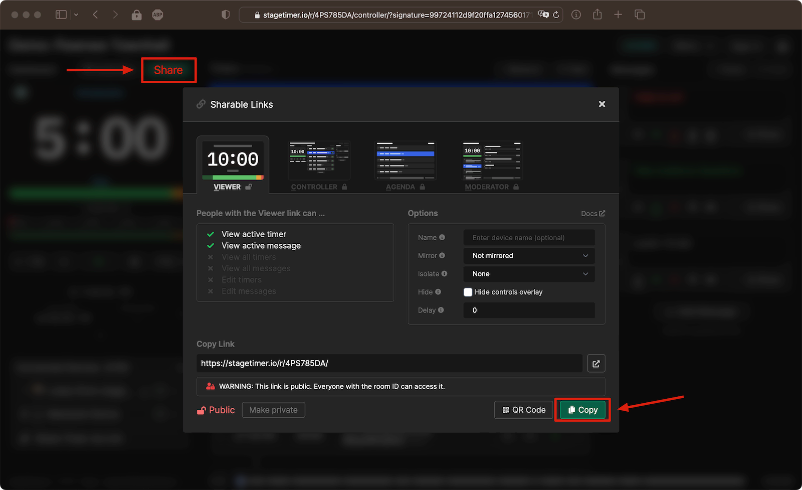 Copying the Stagetimer viewer link