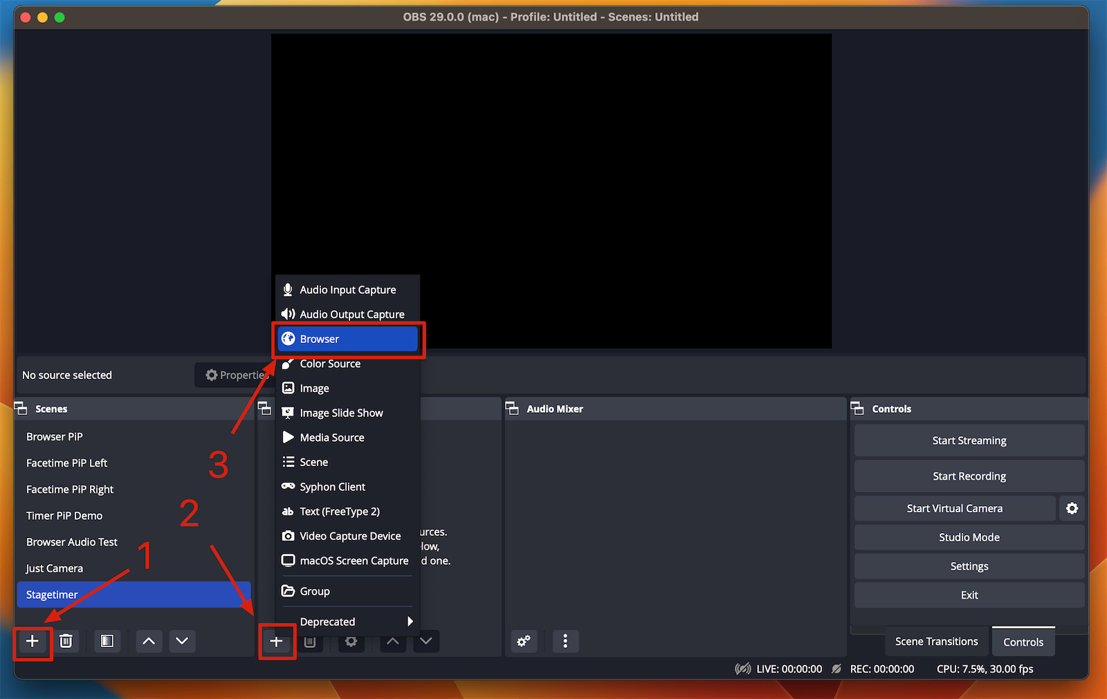 Creating a new scene in OBS Studio
