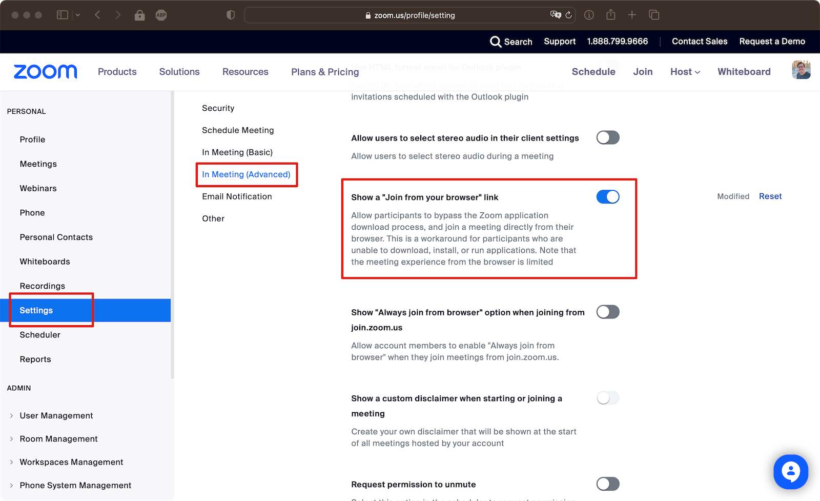 Enabling browser join in Zoom