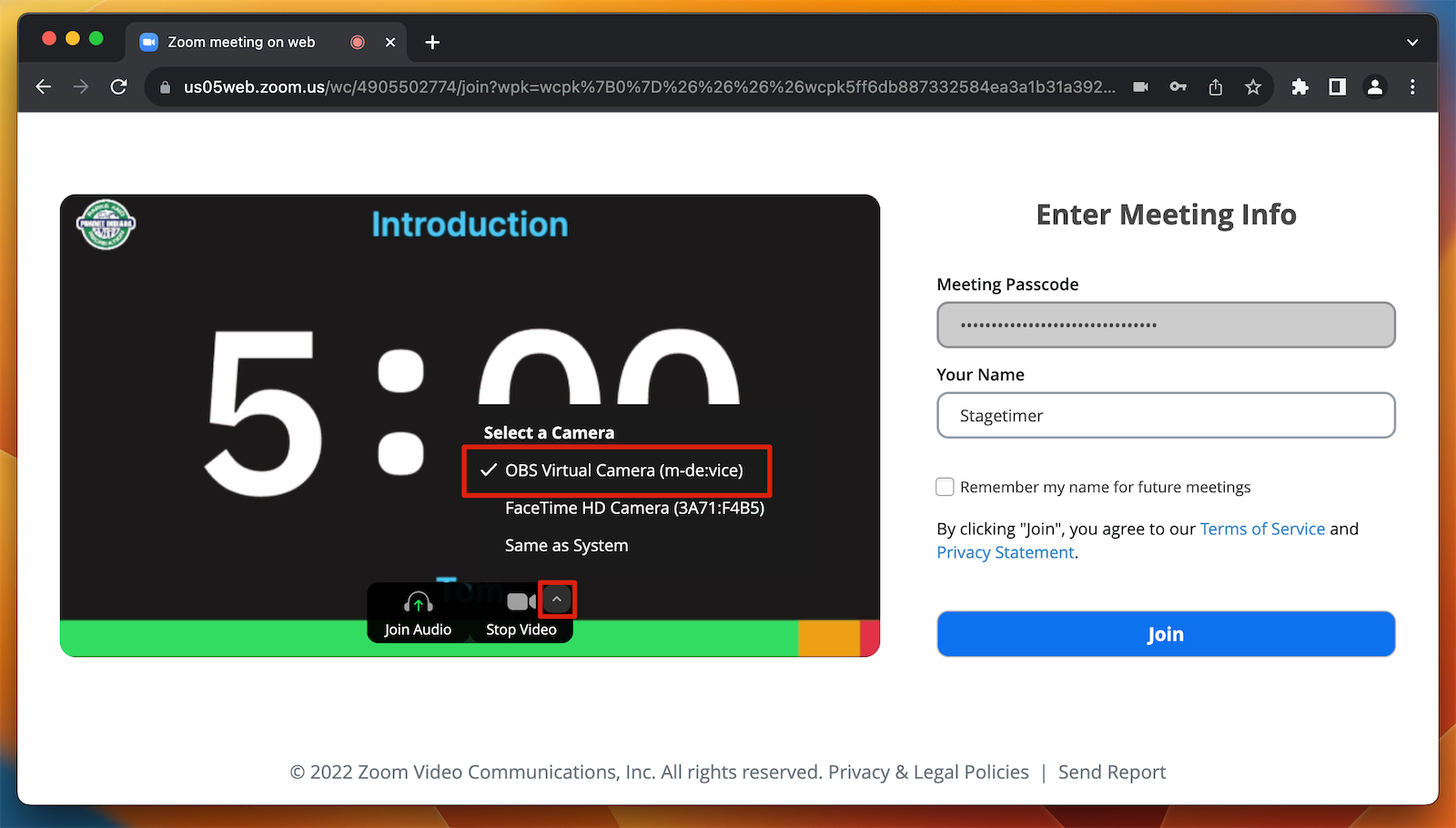 Selecting the OBS Virtual Camera