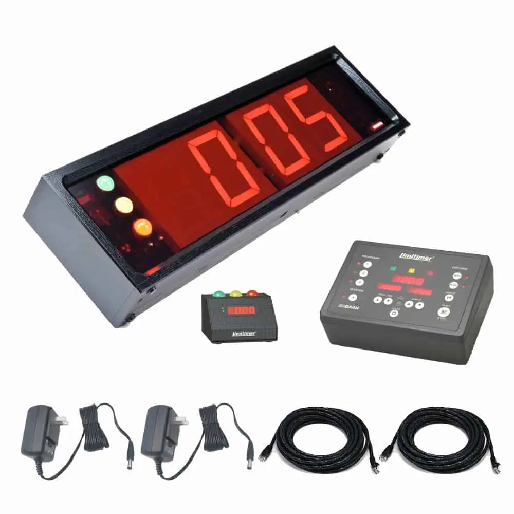 DSAN Limitimer complete staging kit: timer console, audience display, podium light, cables, and power supplies
