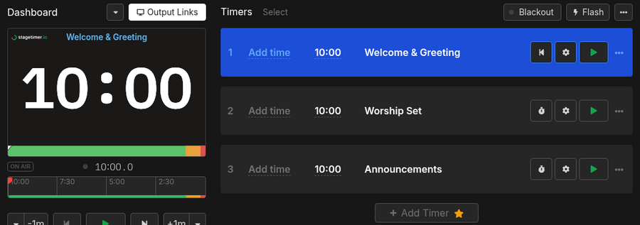 Stagetimer controller showing a worship service rundown with Welcome & Greeting, Worship Set, and Announcements timers