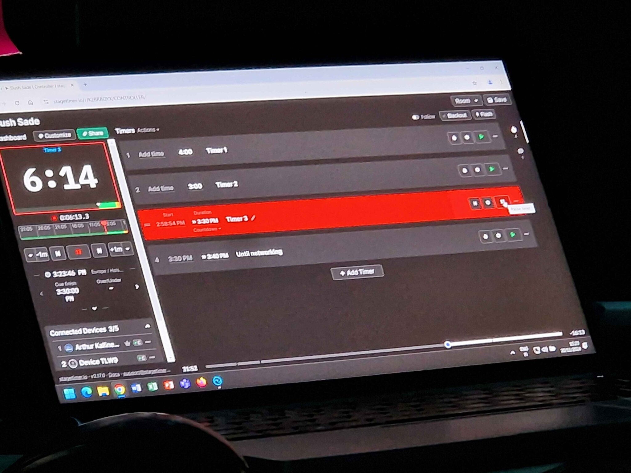 Stagetimer controller interface at Slush 2024 showing the Sade stage rundown with four timers and connected devices