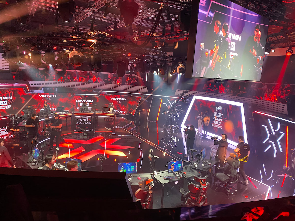 Professional esports tournament arena with large screens displaying game content and Stagetimer countdown during Riot Games Valorant event